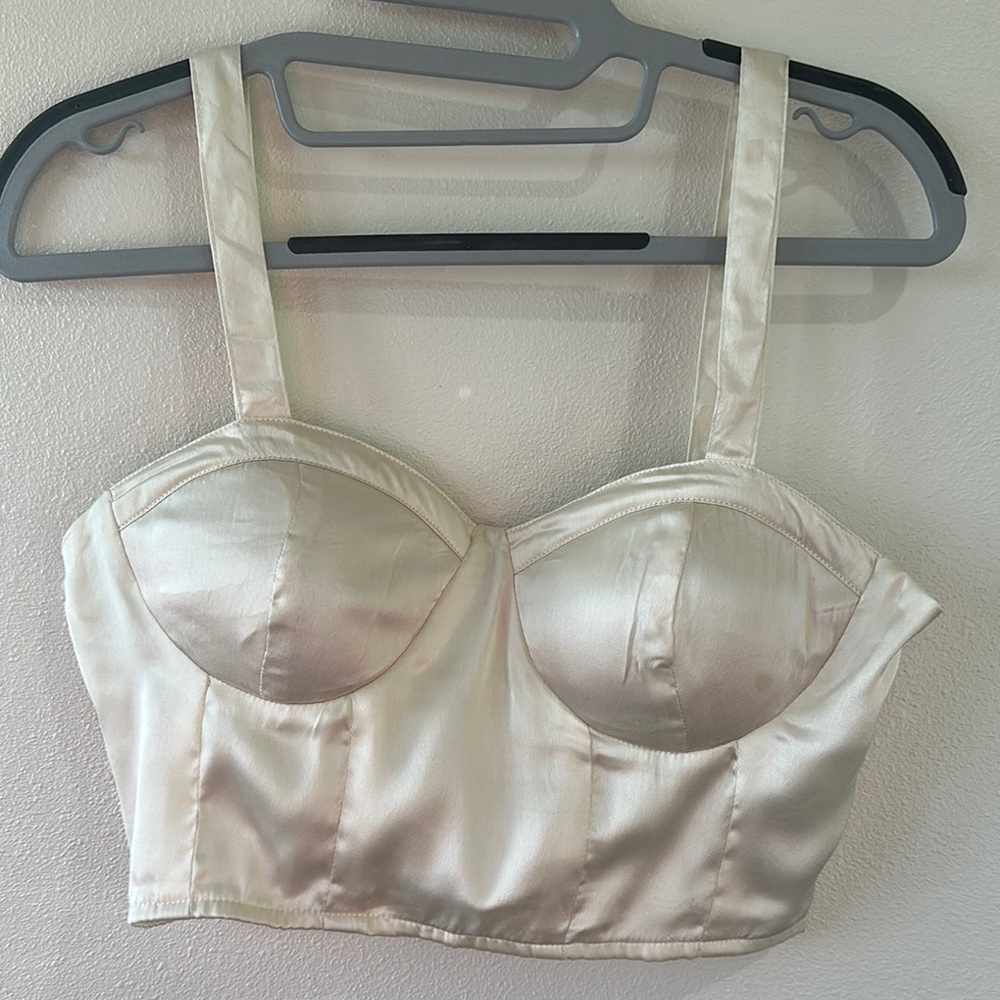 Cream Satin Bra with Structured Cups and Adjustable Straps Size M